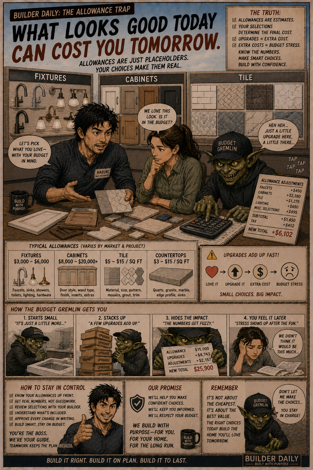 Homeowner choosing finishes while the Budget Gremlin adjusts the numbers