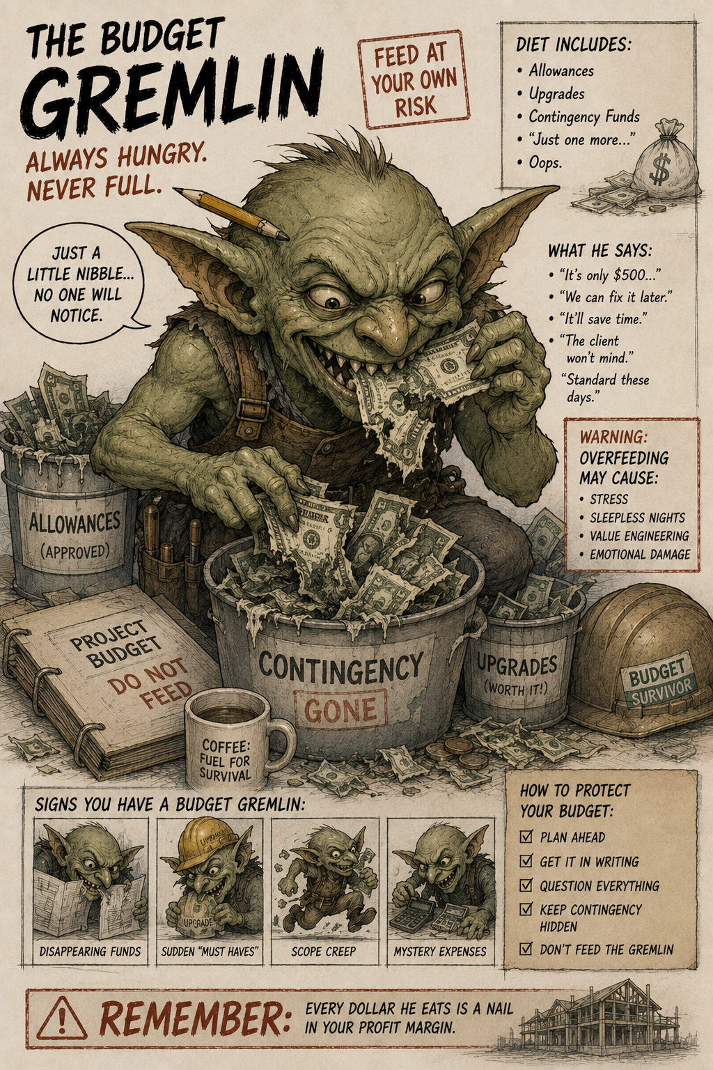 Budget Gremlin character eating allowances and contingency funds