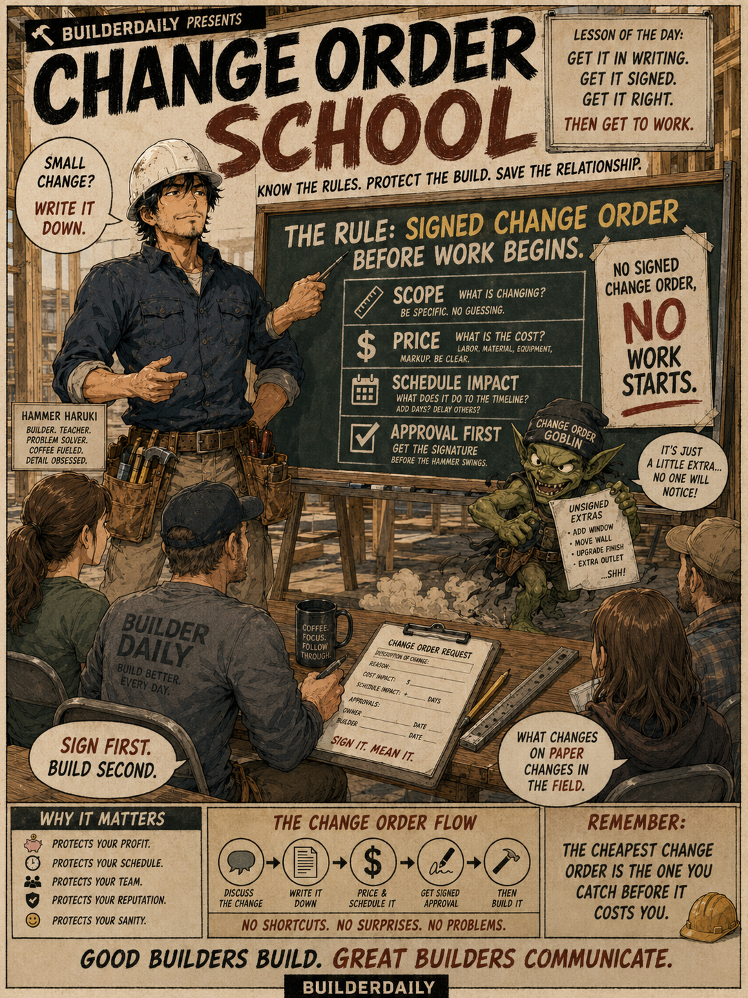 Classroom-style manga scene teaching signed change orders before work begins