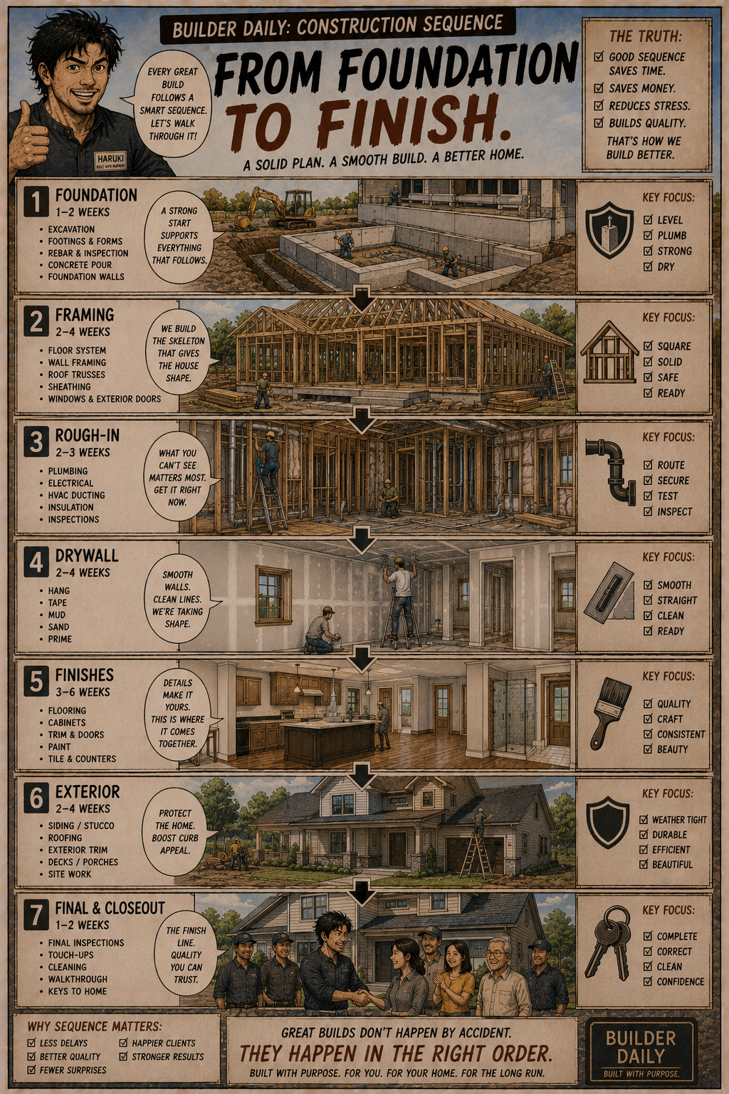 Cutaway construction timeline showing foundation, framing, rough-in, drywall, finishes, and final