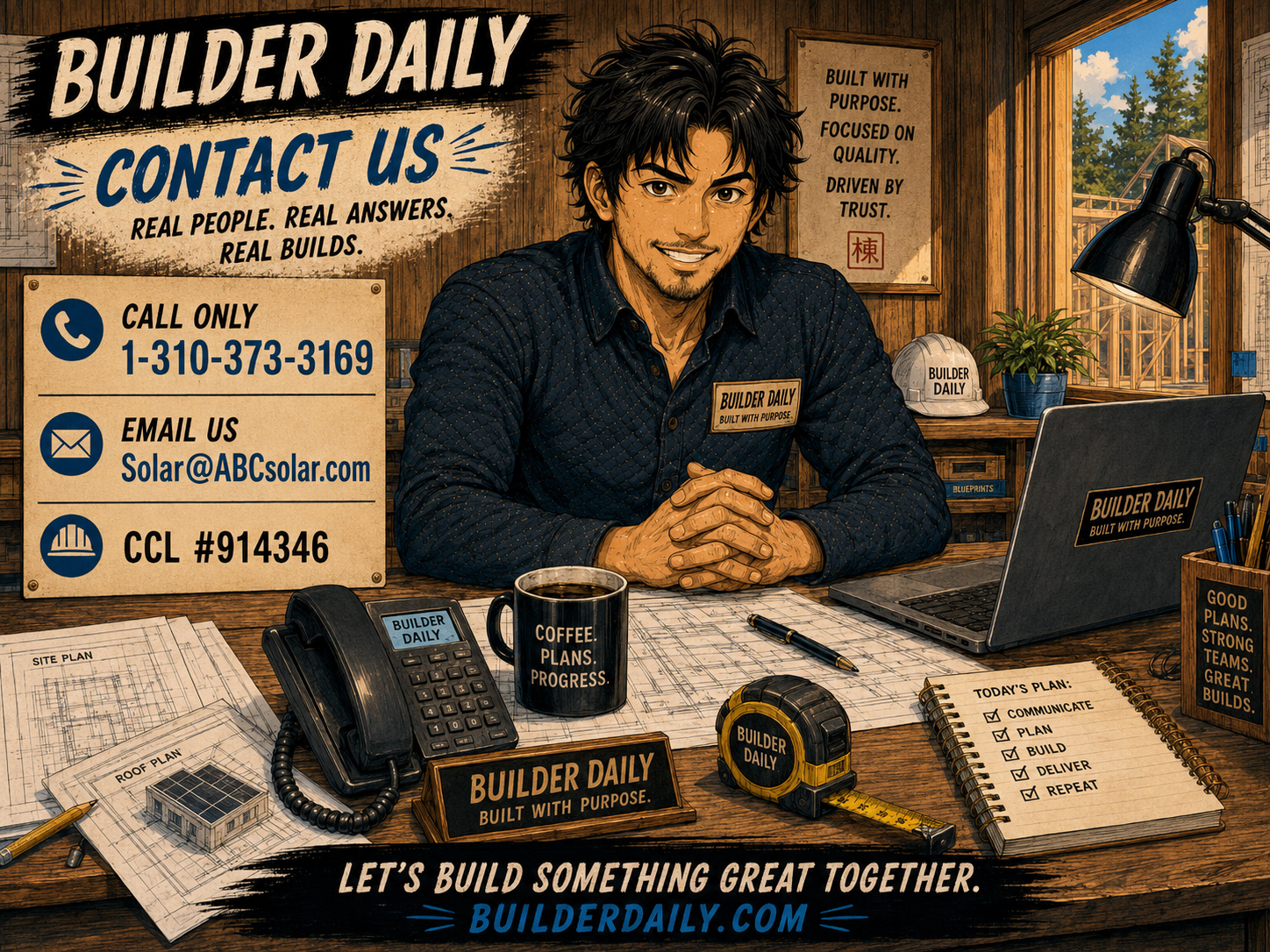 Builder desk with phone, plans, coffee, measuring tape, and open laptop
