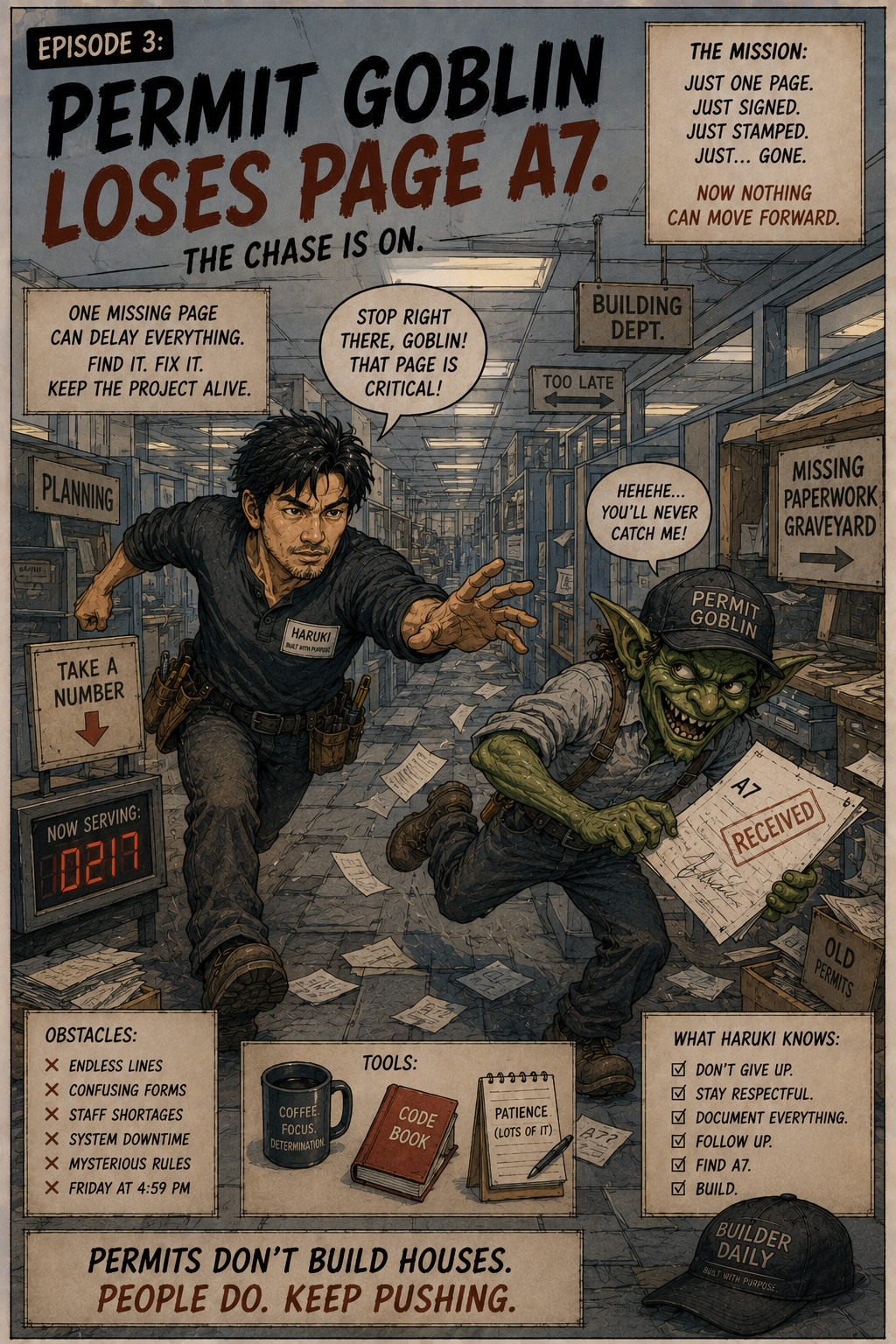 Haruki chasing the Permit Goblin through a city office maze