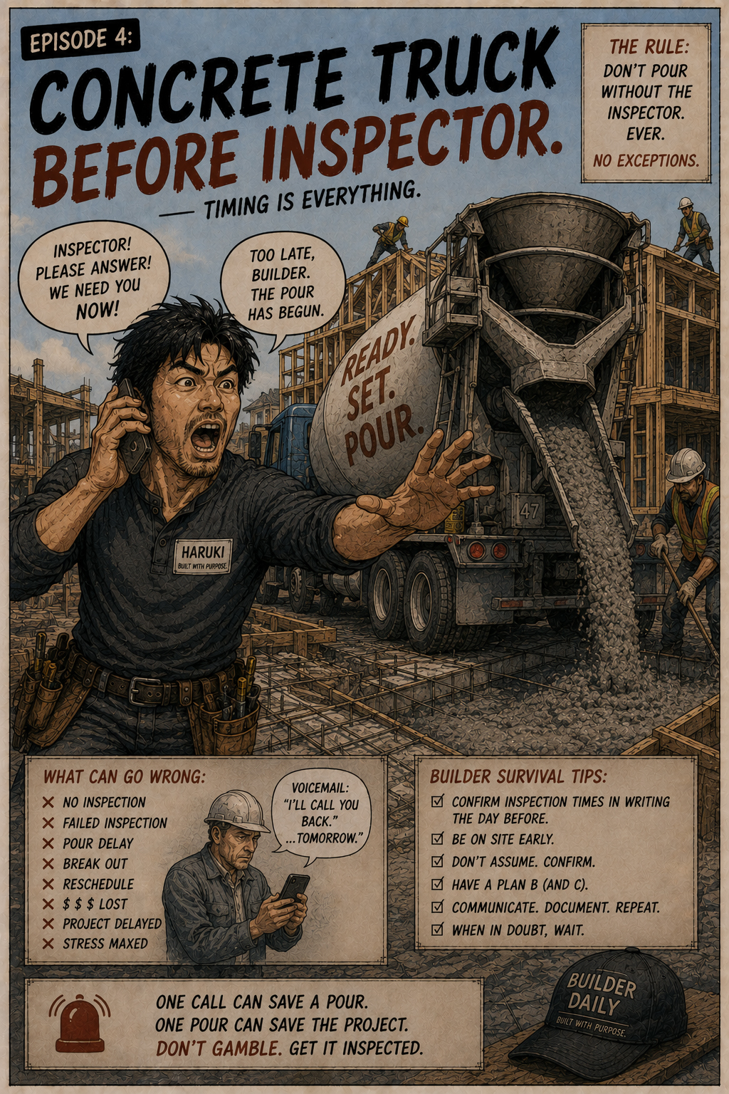 Concrete truck arrives while Haruki screams for the inspector