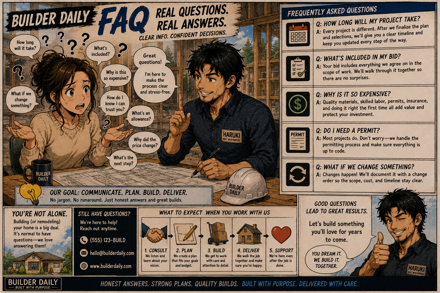 Homeowner surrounded by question marks while Haruki calmly explains