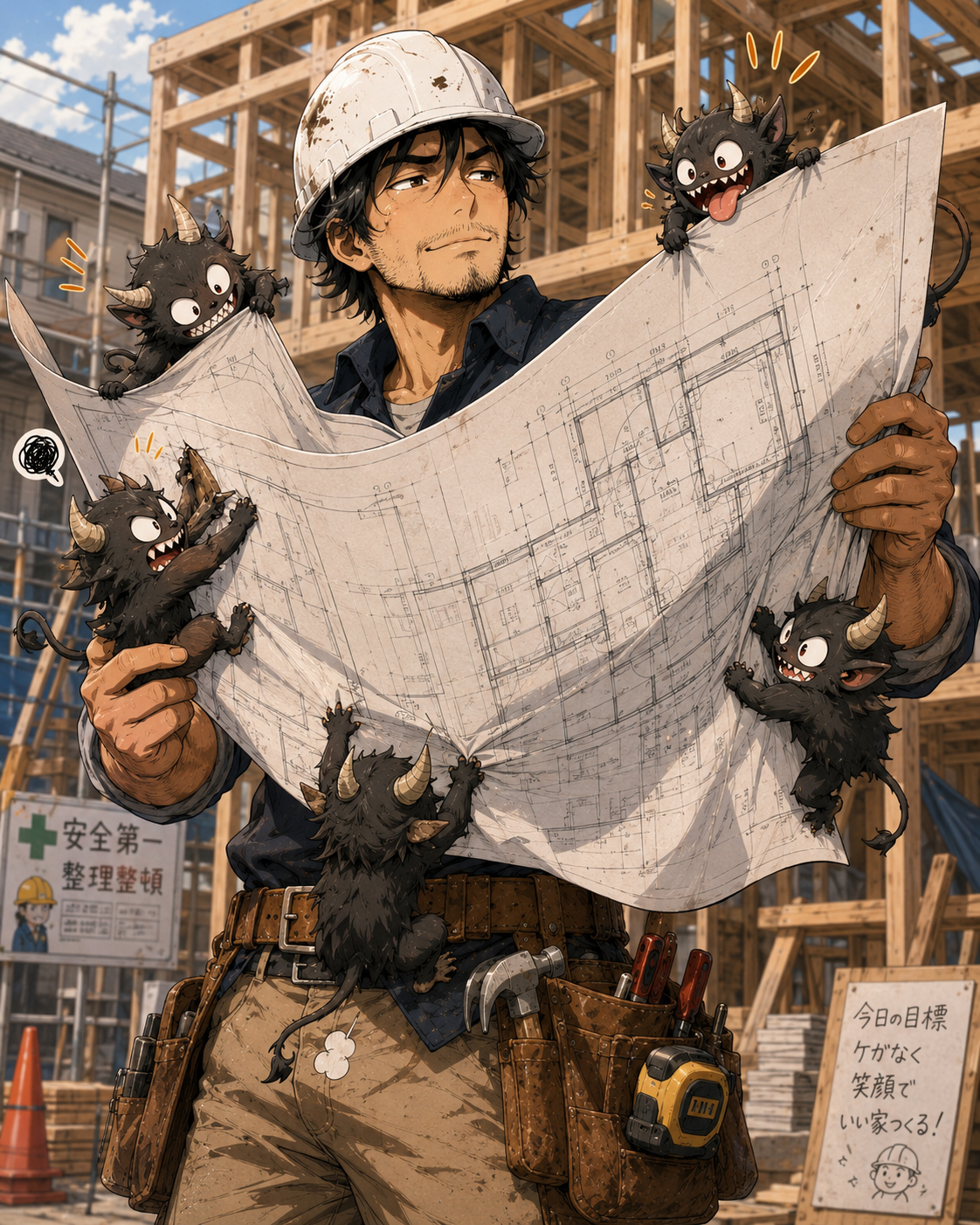 Hammer Haruki holding oversized blueprints while small chaos monsters climb on the plan sheets