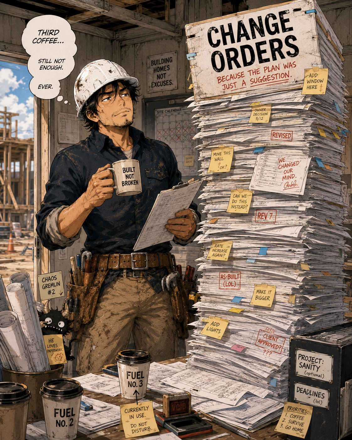 Hammer Haruki staring at a giant stack of change orders while holding coffee