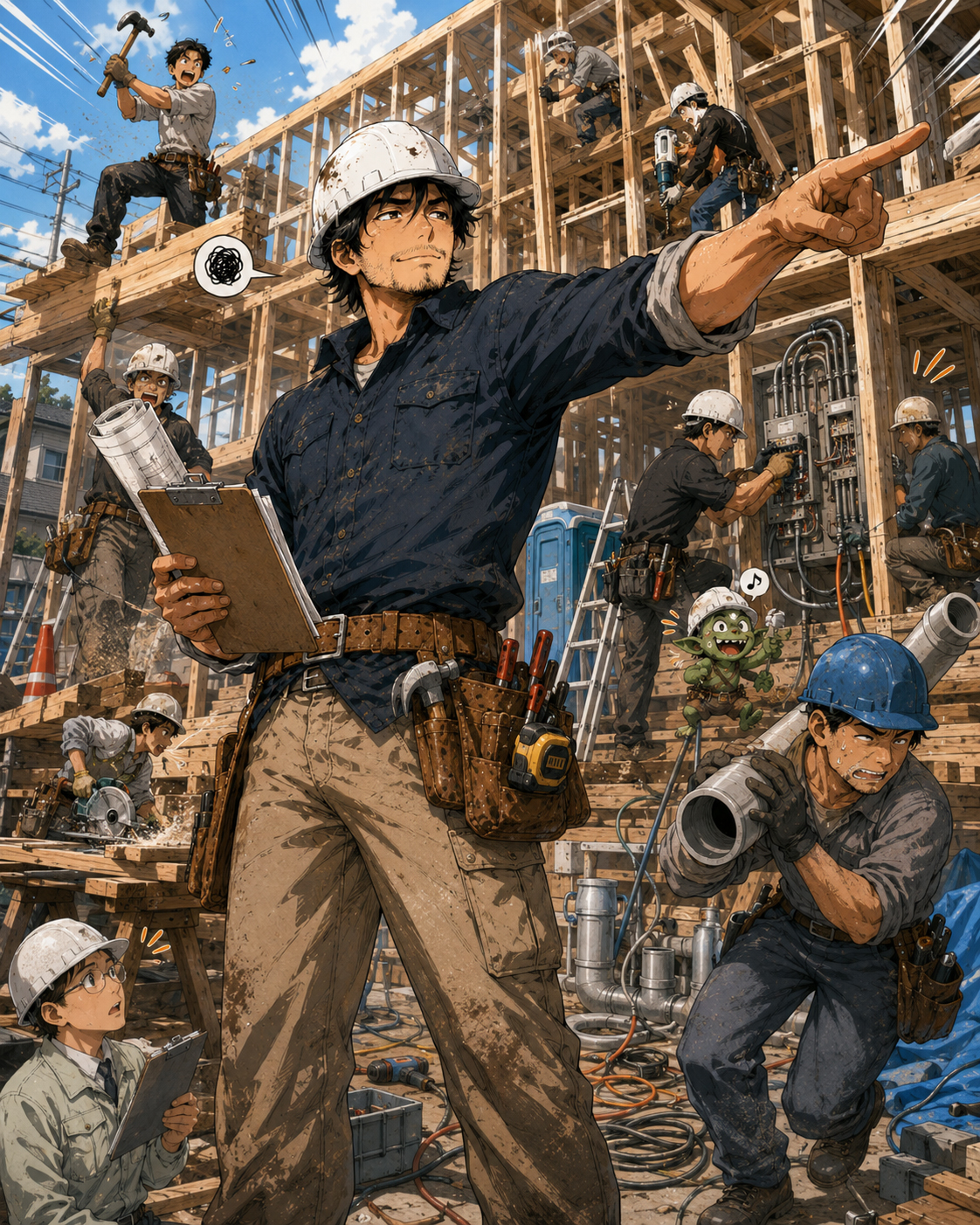 Haruki directing framers, electricians, plumbers, and inspectors like a battlefield general