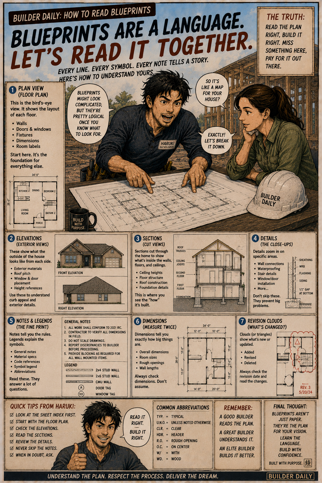 Blueprint spread with manga callouts explaining walls, elevations, sections, and notes