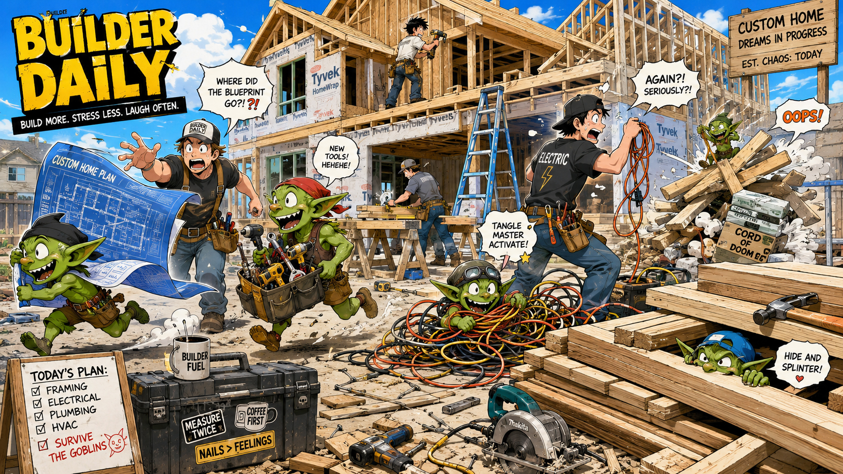 Manga construction jobsite chaos with goblins