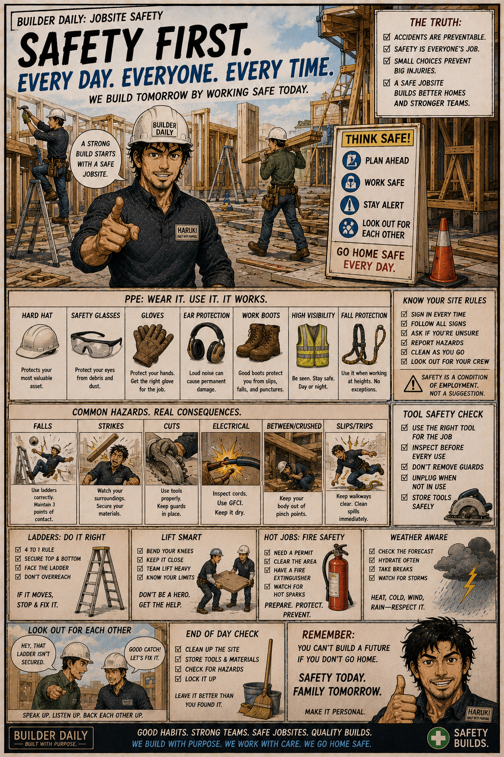 Safety-first manga panel with tools, ladders, PPE, and warning signs