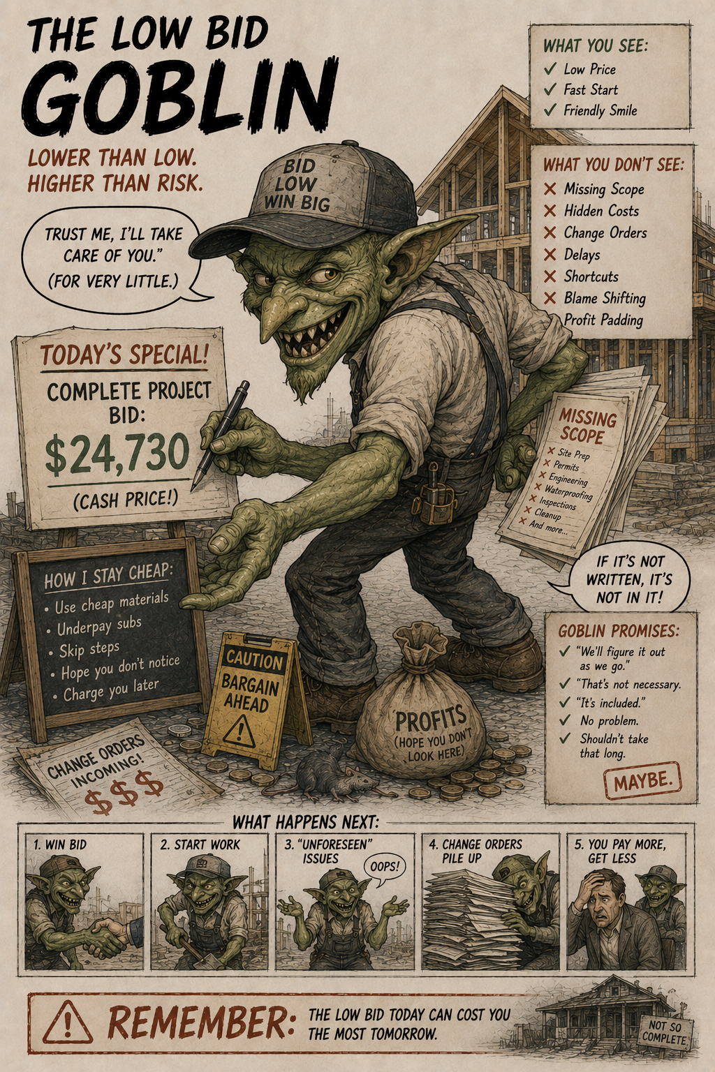 Low Bid Goblin offering a suspiciously cheap bid while hiding missing scope