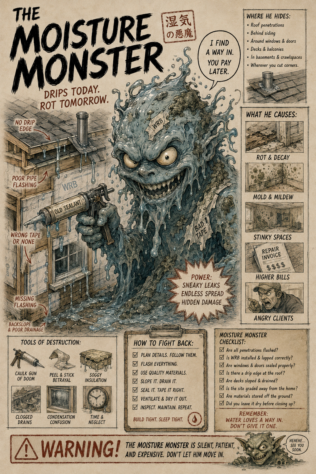 Moisture Monster rising from bad flashing and leaks