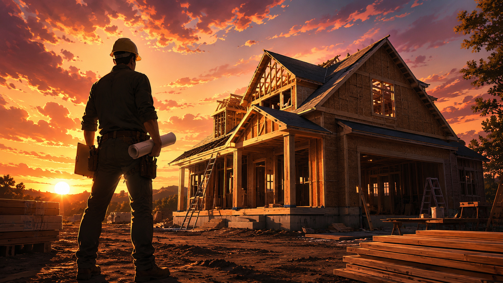 Dramatic sunset view of one custom home under construction with heroic builder silhouette