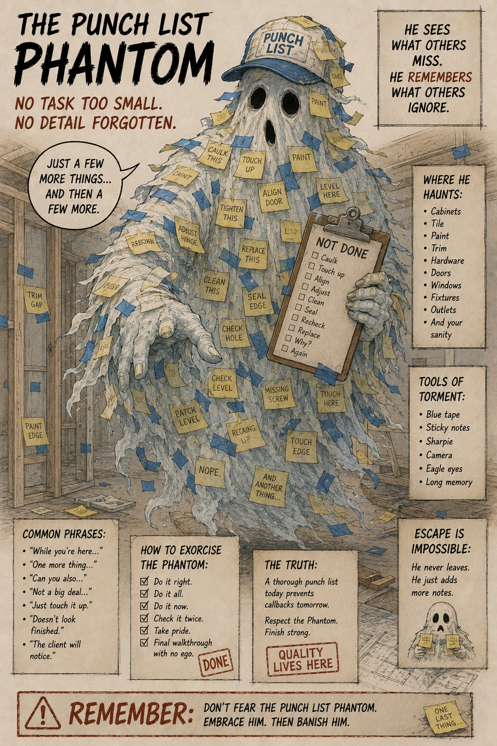 Punch List Phantom made of sticky notes and blue tape