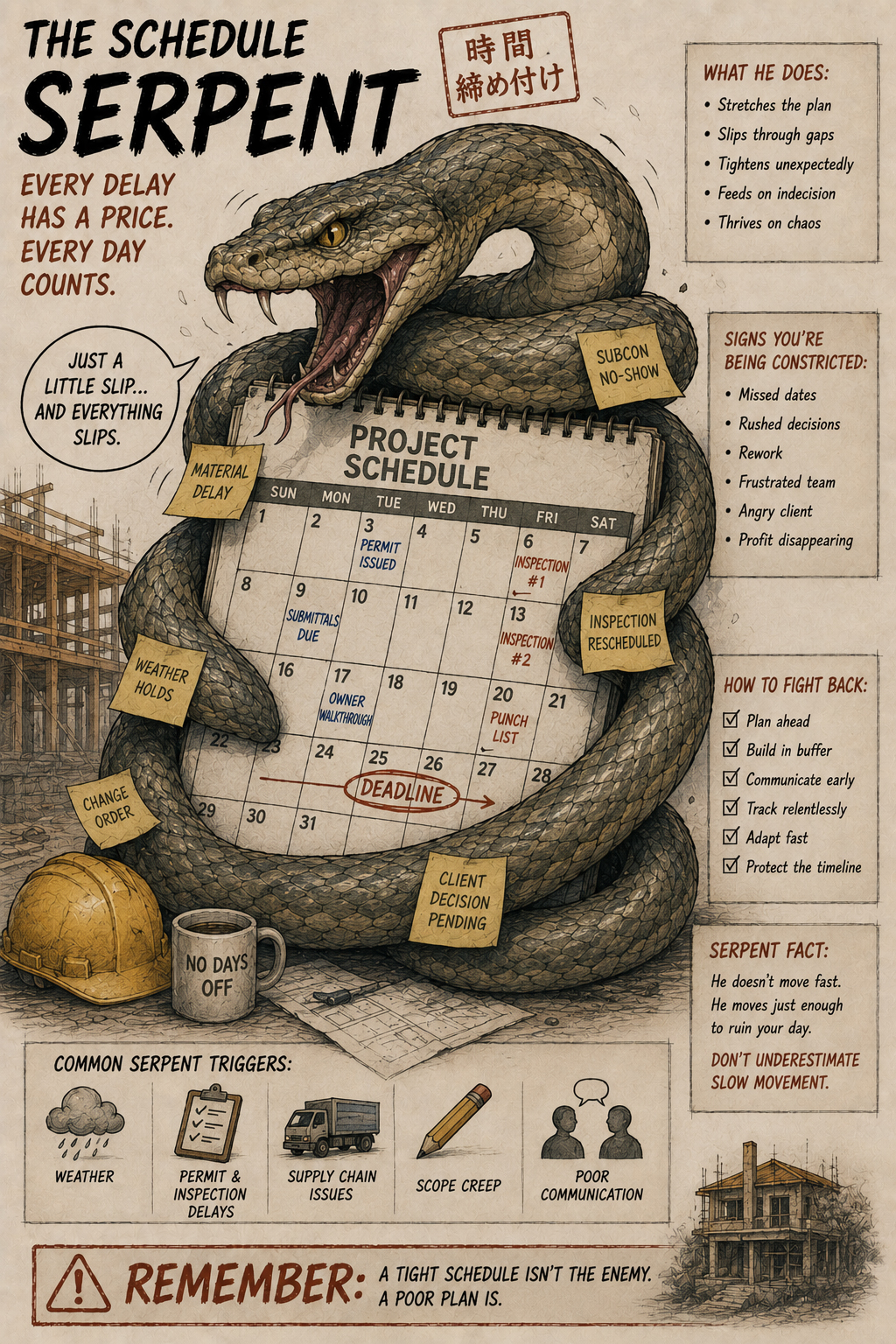 Schedule Serpent wrapped around a calendar squeezing deadlines and inspection dates