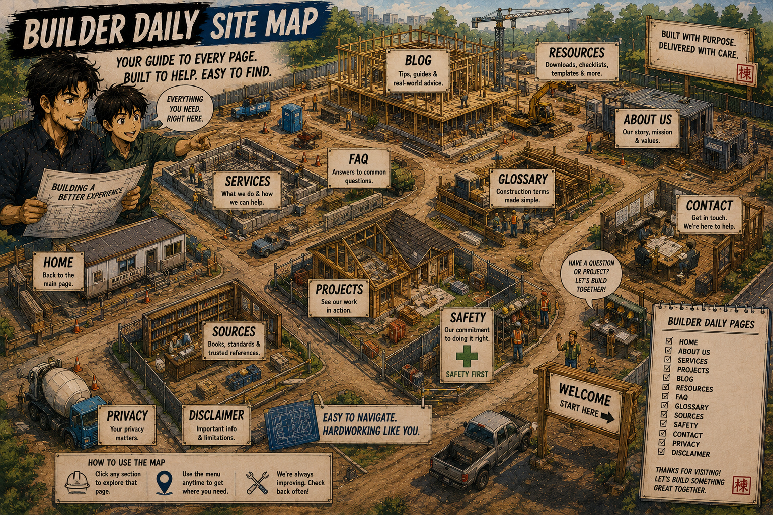 Fun jobsite map showing different site sections as website pages