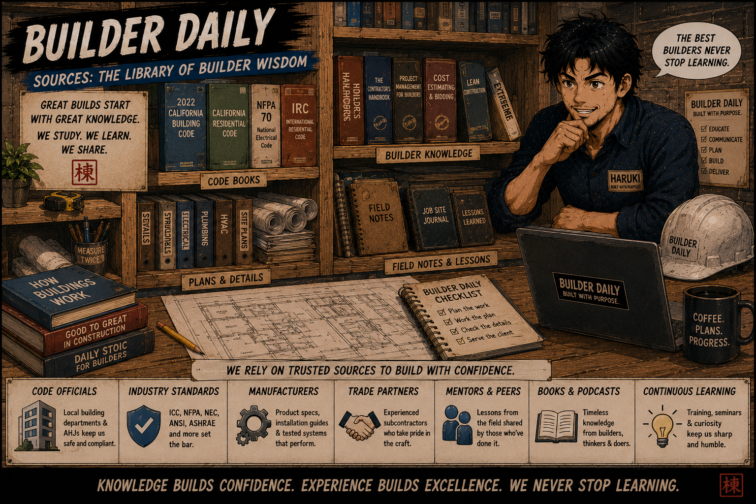 Manga-style shelf of construction books, codebooks, plans, and field notebooks