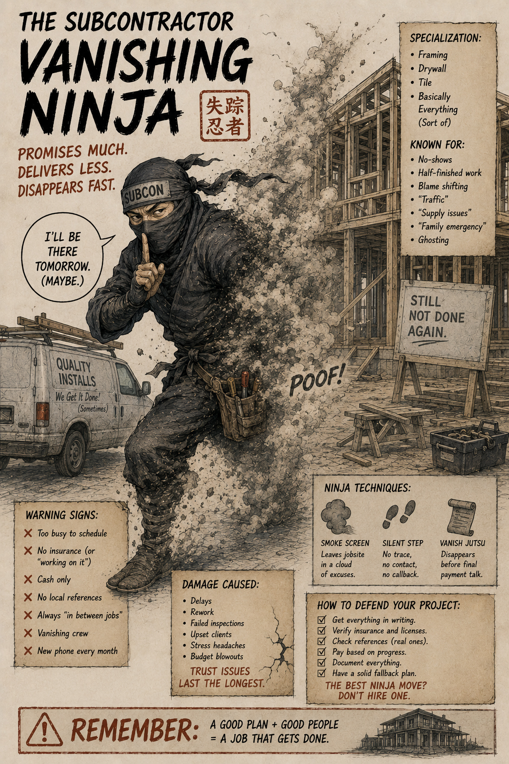 Subcontractor Vanishing Ninja disappearing beside unfinished work